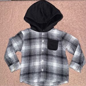DKNY size 24 months Kids black white gray Plaid Button Down hooded flannel Shirt